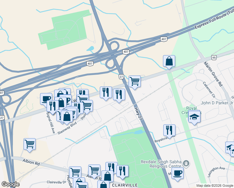map of restaurants, bars, coffee shops, grocery stores, and more near 32 Goodmark Place in Toronto