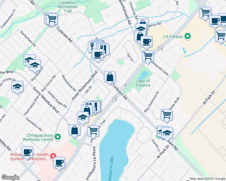 map of restaurants, bars, coffee shops, grocery stores, and more near 19 Quail Feather Crescent in Brampton