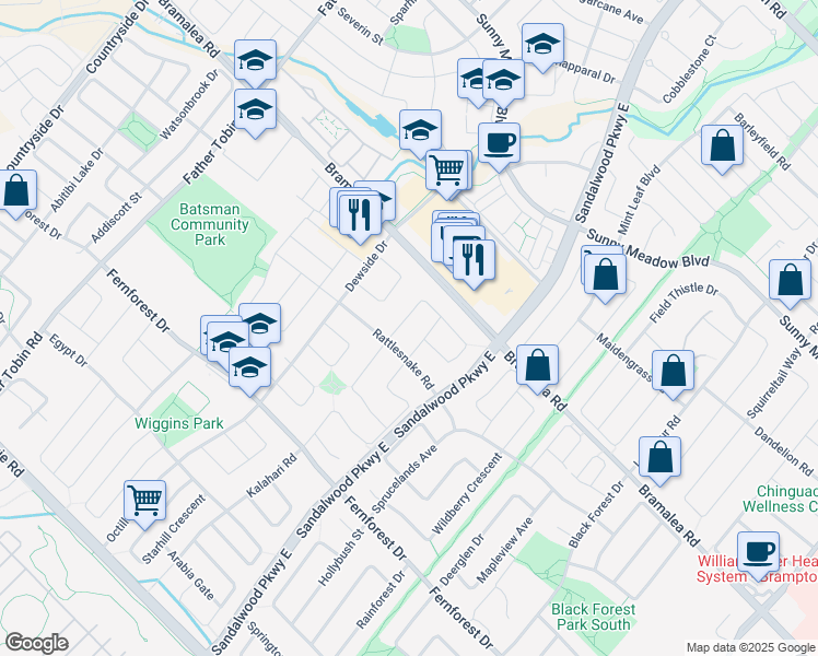 map of restaurants, bars, coffee shops, grocery stores, and more near 172 Desert Sand Drive in Brampton