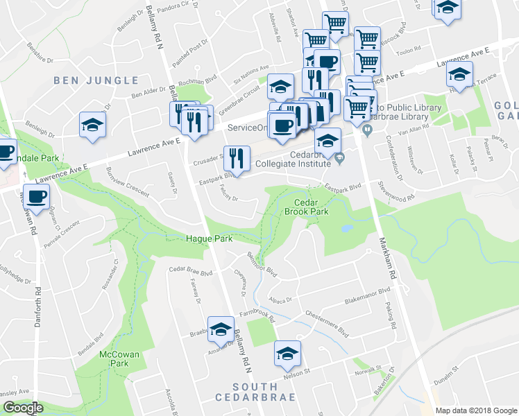 map of restaurants, bars, coffee shops, grocery stores, and more near 62 Felicity Drive in Toronto