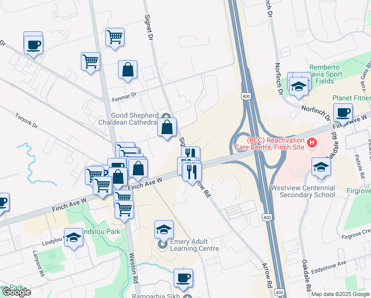 map of restaurants, bars, coffee shops, grocery stores, and more near 51 Signet Drive in Toronto