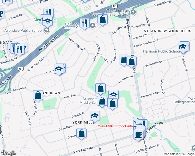 map of restaurants, bars, coffee shops, grocery stores, and more near in Toronto