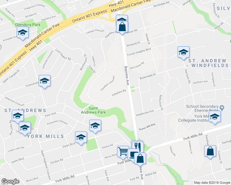 map of restaurants, bars, coffee shops, grocery stores, and more near 9 Fifeshire Road in Toronto