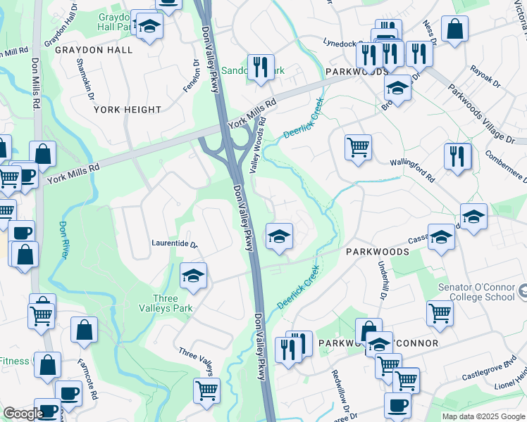 map of restaurants, bars, coffee shops, grocery stores, and more near 44 Valley Woods Road in Toronto