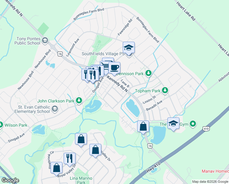 map of restaurants, bars, coffee shops, grocery stores, and more near 18 Alnwick Avenue in Regional Municipality of Peel