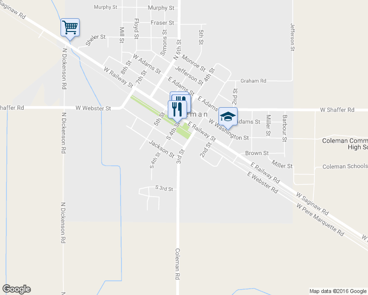 map of restaurants, bars, coffee shops, grocery stores, and more near 508 East Webster Street in Coleman
