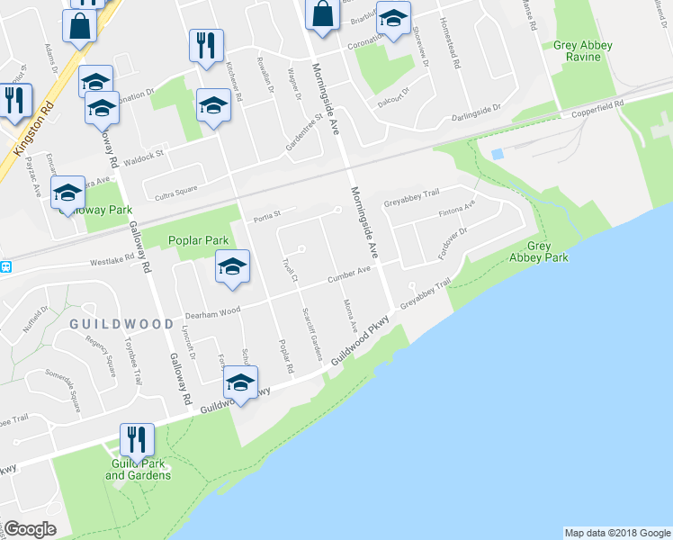 map of restaurants, bars, coffee shops, grocery stores, and more near 41 Morna Avenue in Toronto