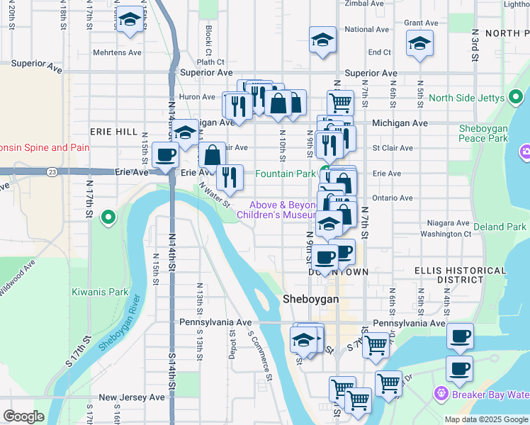 map of restaurants, bars, coffee shops, grocery stores, and more near 1013 Ontario Avenue in Sheboygan