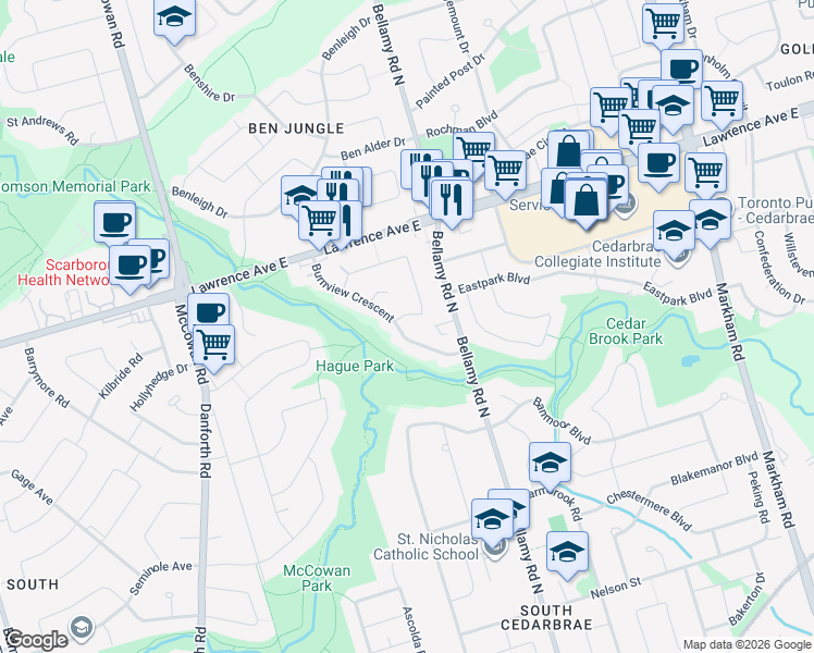 map of restaurants, bars, coffee shops, grocery stores, and more near in Toronto
