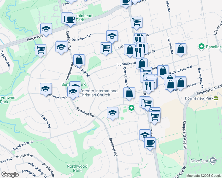 map of restaurants, bars, coffee shops, grocery stores, and more near in Toronto