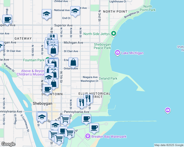 map of restaurants, bars, coffee shops, grocery stores, and more near 932 North 4th Street in Sheboygan