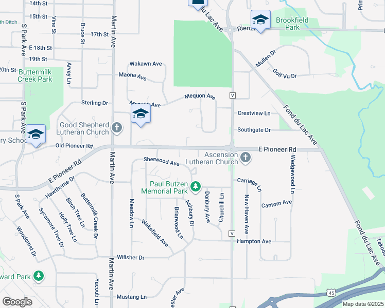 map of restaurants, bars, coffee shops, grocery stores, and more near W5367 East Pioneer Road in Fond du Lac
