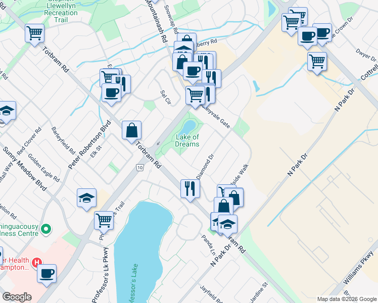 map of restaurants, bars, coffee shops, grocery stores, and more near 48 Fountainview Way in Brampton