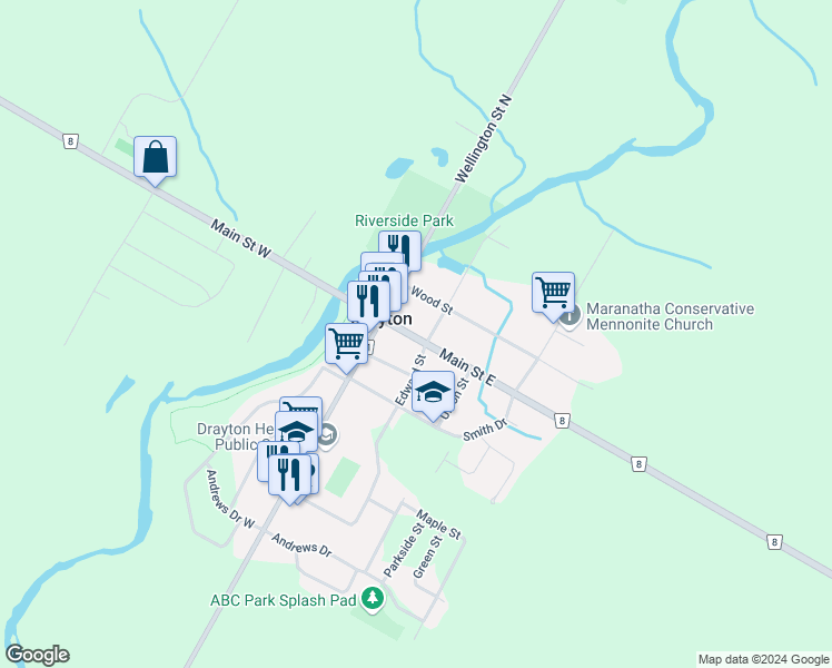 map of restaurants, bars, coffee shops, grocery stores, and more near 28 Main Street East in Drayton