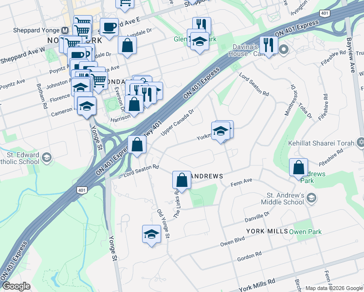 map of restaurants, bars, coffee shops, grocery stores, and more near in Toronto