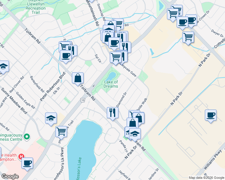 map of restaurants, bars, coffee shops, grocery stores, and more near 48 Fountainview Way in Brampton