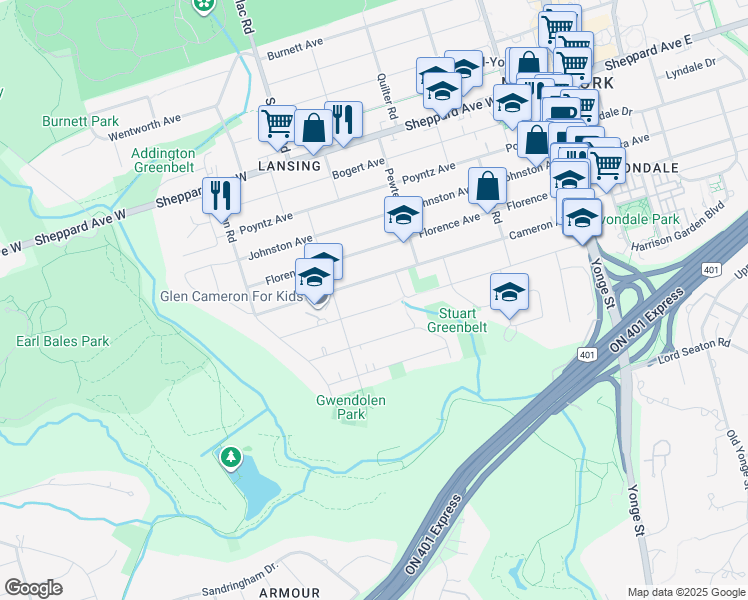 map of restaurants, bars, coffee shops, grocery stores, and more near 164 Franklin Avenue in Toronto