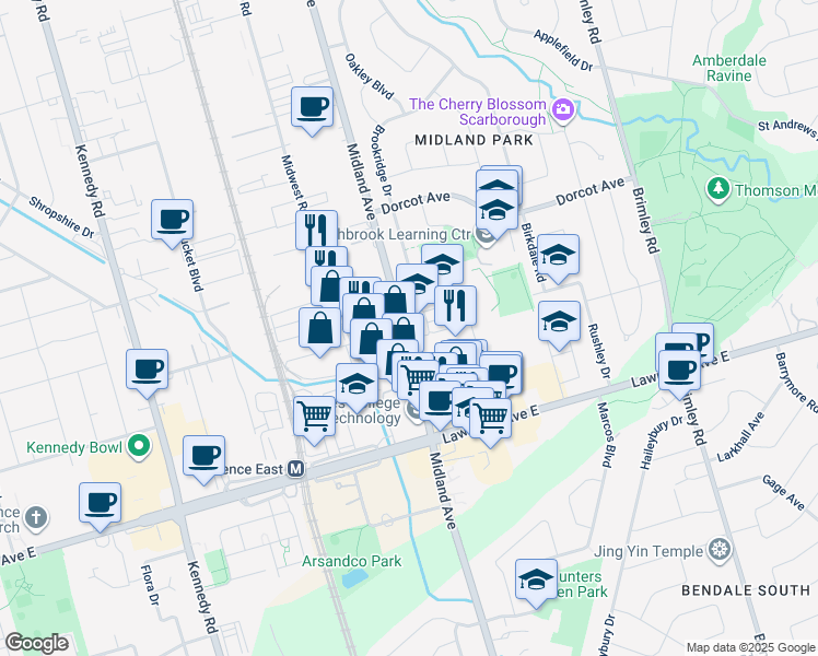 map of restaurants, bars, coffee shops, grocery stores, and more near 1555 Midland Avenue in Toronto