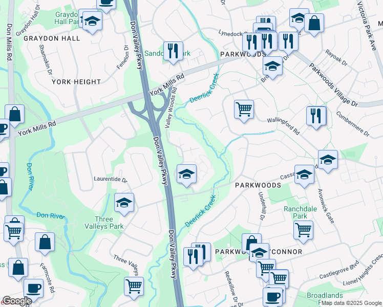 map of restaurants, bars, coffee shops, grocery stores, and more near 37 Valley Woods Road in Toronto