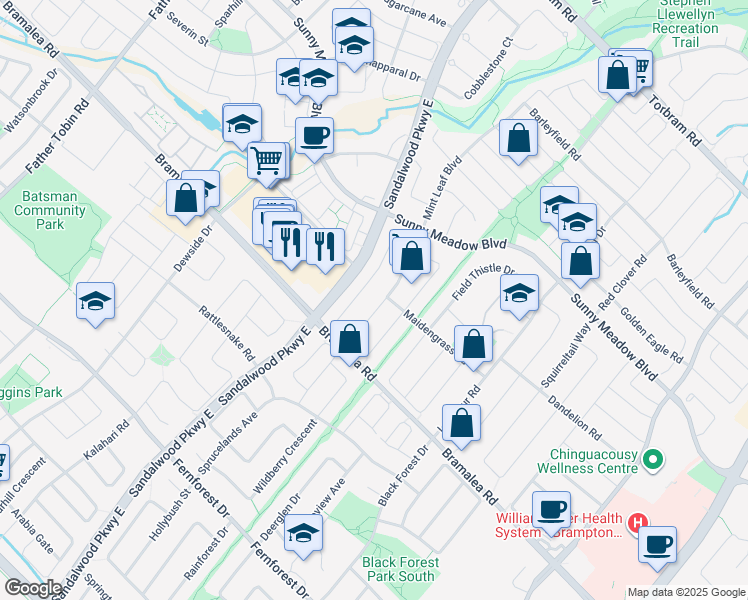 map of restaurants, bars, coffee shops, grocery stores, and more near 37 Sweet Clover Cres in Brampton