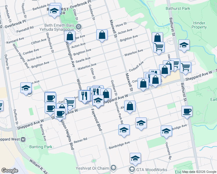 map of restaurants, bars, coffee shops, grocery stores, and more near Cocksfield Avenue in Toronto