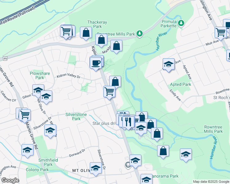 map of restaurants, bars, coffee shops, grocery stores, and more near 2757 Kipling Avenue in Toronto