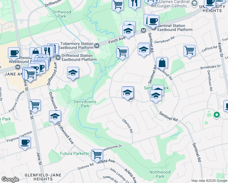 map of restaurants, bars, coffee shops, grocery stores, and more near 56 Candlewood Crescent in Toronto