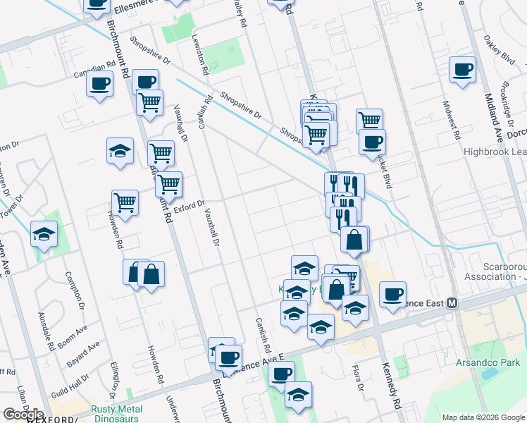 map of restaurants, bars, coffee shops, grocery stores, and more near in Toronto