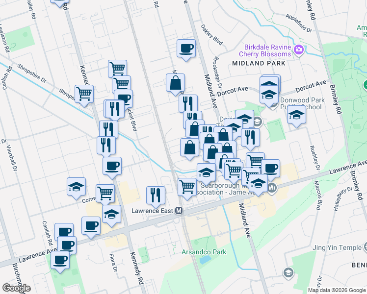 map of restaurants, bars, coffee shops, grocery stores, and more near 120 Midwest Road in Toronto