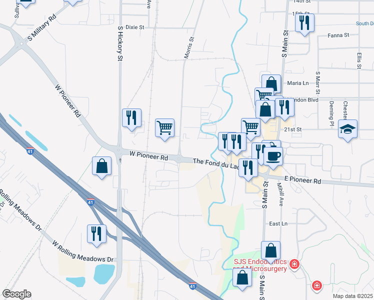 map of restaurants, bars, coffee shops, grocery stores, and more near 855 Morris Street in Fond du Lac