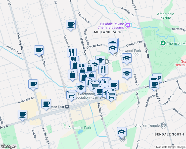 map of restaurants, bars, coffee shops, grocery stores, and more near 1553 Midland Avenue in Toronto