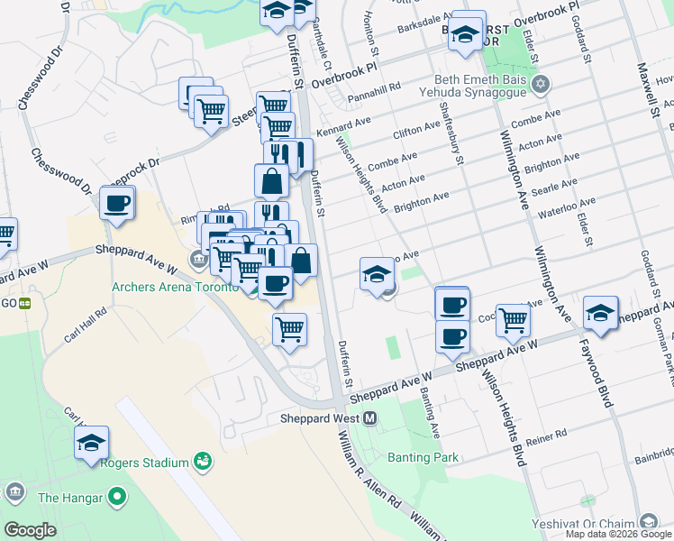 map of restaurants, bars, coffee shops, grocery stores, and more near in Toronto