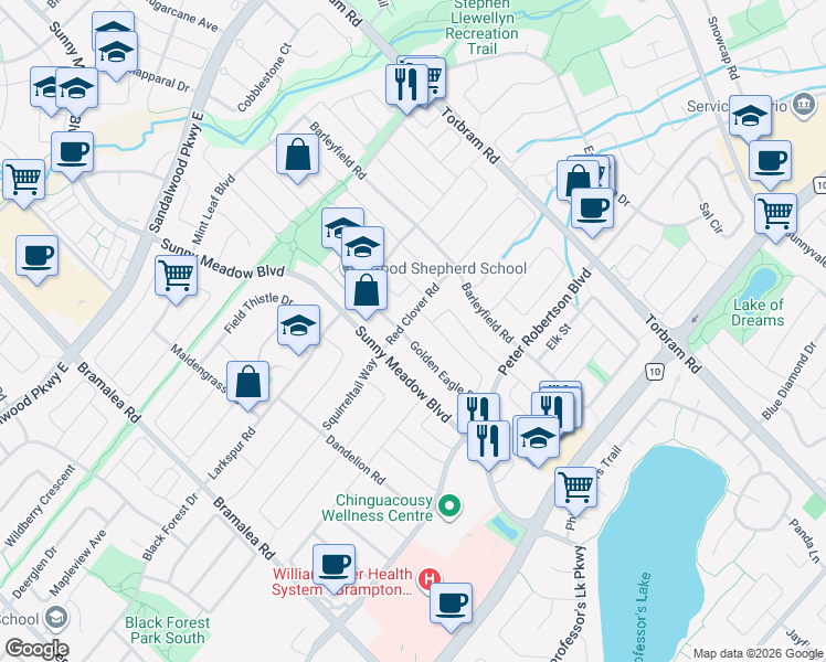 map of restaurants, bars, coffee shops, grocery stores, and more near in Brampton
