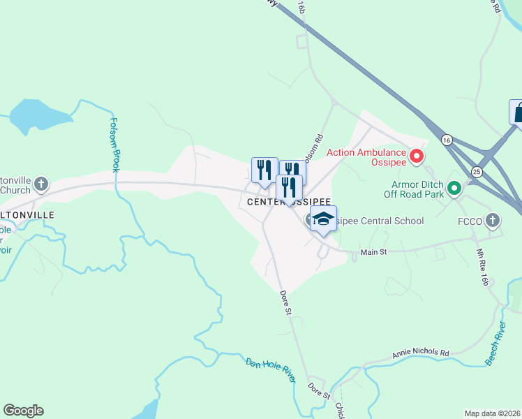map of restaurants, bars, coffee shops, grocery stores, and more near 7 Moultonville Road in Ossipee