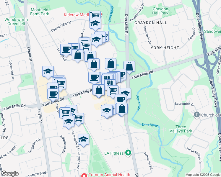 map of restaurants, bars, coffee shops, grocery stores, and more near 865 York Mills Road in Toronto