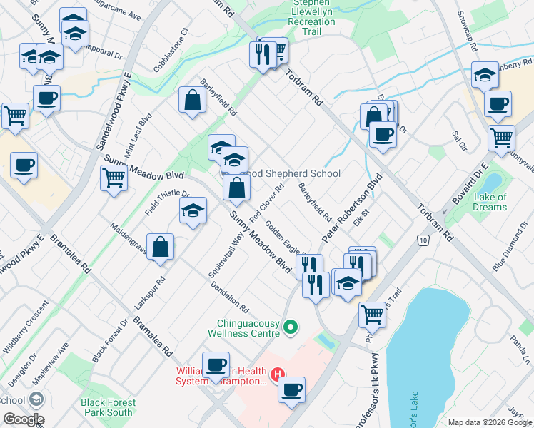 map of restaurants, bars, coffee shops, grocery stores, and more near 55 Golden Eagle Road in Brampton