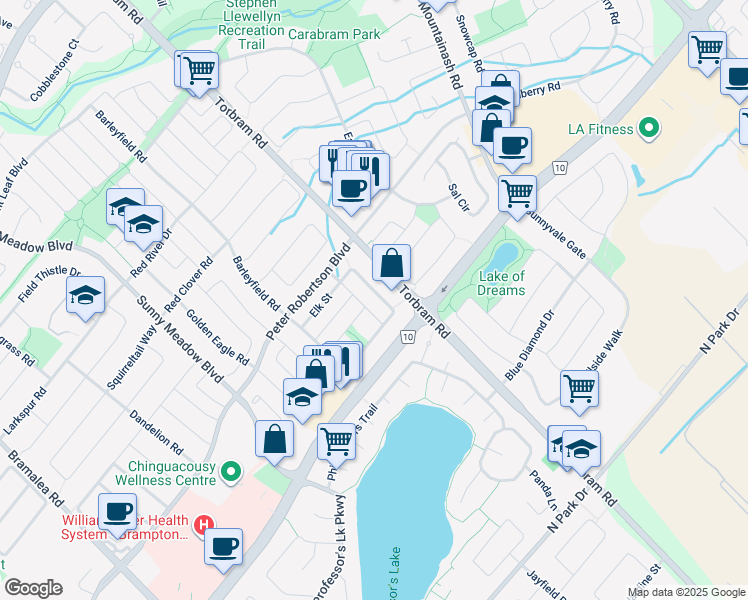 map of restaurants, bars, coffee shops, grocery stores, and more near 42 Quail Feather Crescent in Brampton