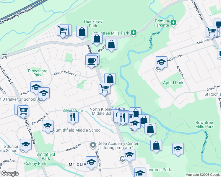 map of restaurants, bars, coffee shops, grocery stores, and more near 2757 Kipling Avenue in Toronto