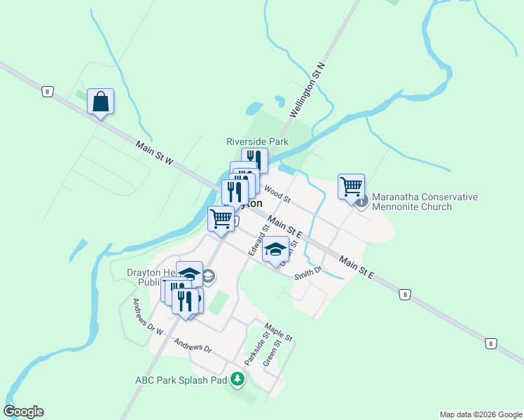 map of restaurants, bars, coffee shops, grocery stores, and more near 28 Main Street East in Drayton