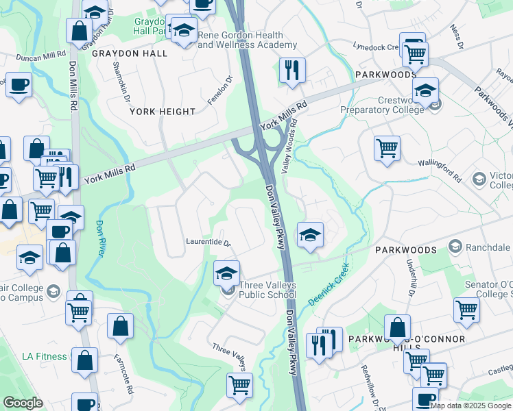 map of restaurants, bars, coffee shops, grocery stores, and more near 41 Larabee Crescent in Toronto