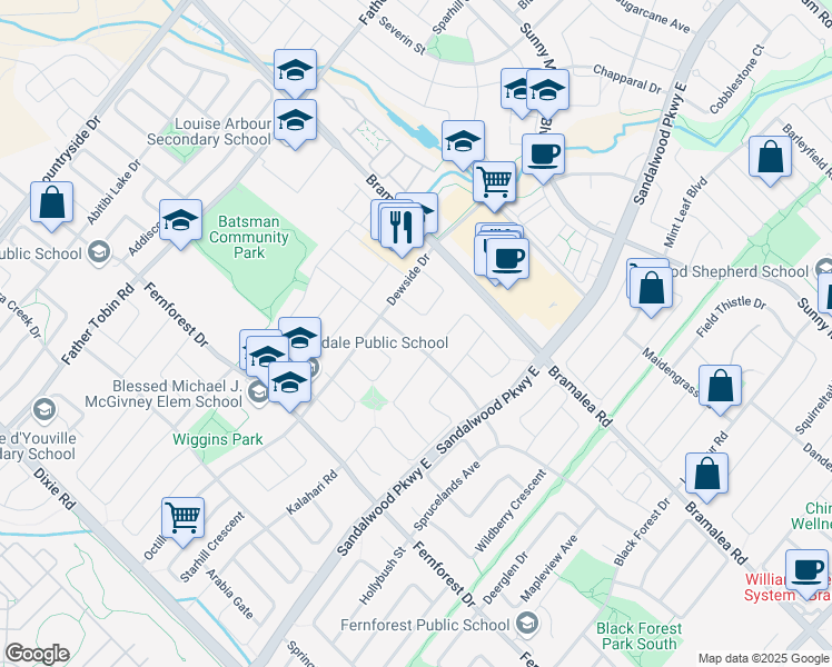 map of restaurants, bars, coffee shops, grocery stores, and more near 33 Rattlesnake Road in Brampton