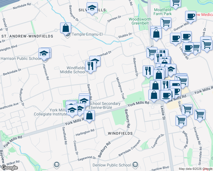 map of restaurants, bars, coffee shops, grocery stores, and more near 136 Mossgrove Trail in Toronto
