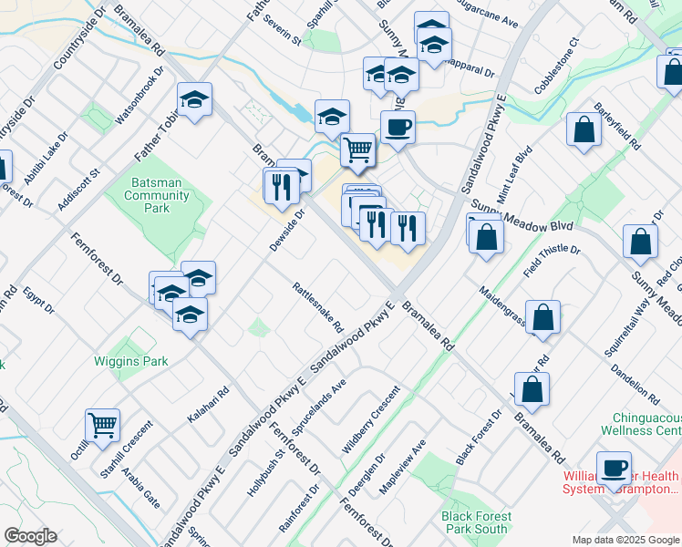 map of restaurants, bars, coffee shops, grocery stores, and more near 118 Desert Sand Drive in Brampton