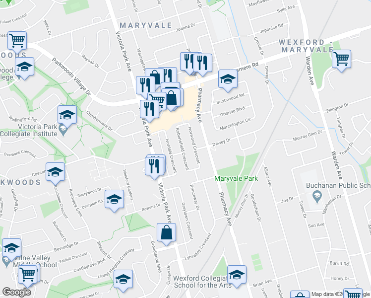 map of restaurants, bars, coffee shops, grocery stores, and more near 31 Robertsfield Crescent in Toronto