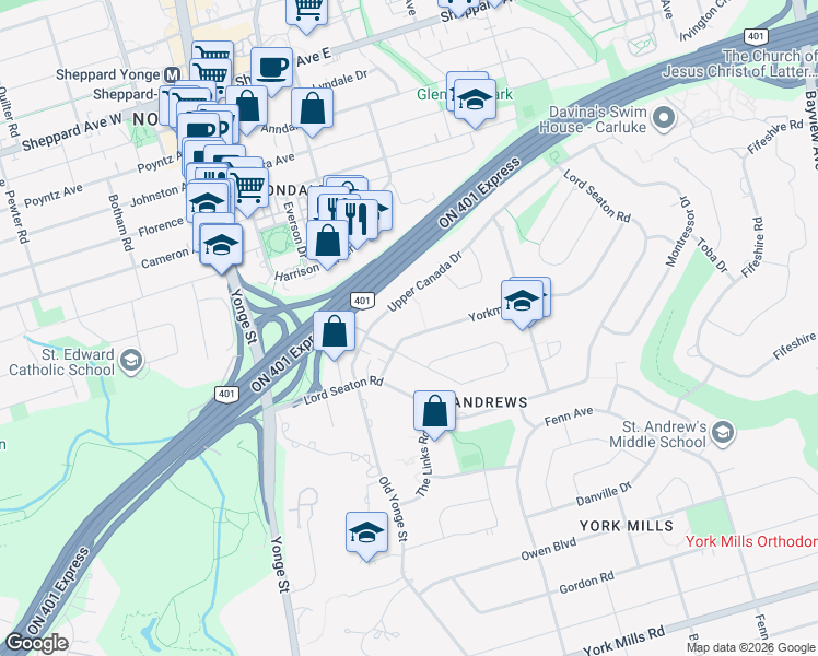 map of restaurants, bars, coffee shops, grocery stores, and more near 50 Yorkminster Road in Toronto
