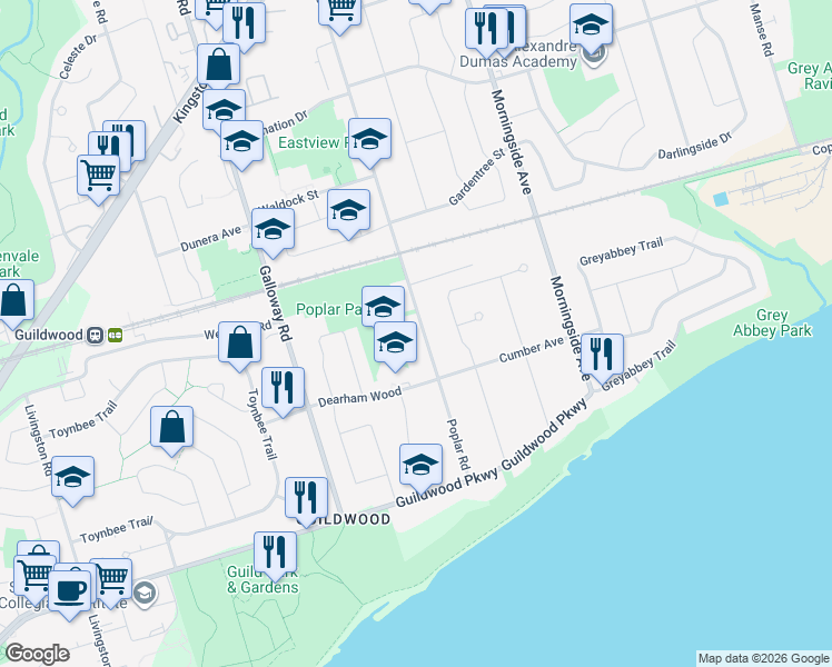 map of restaurants, bars, coffee shops, grocery stores, and more near in Toronto