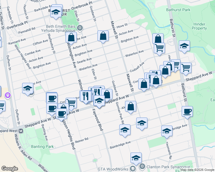 map of restaurants, bars, coffee shops, grocery stores, and more near 156 Cocksfield Avenue in Toronto
