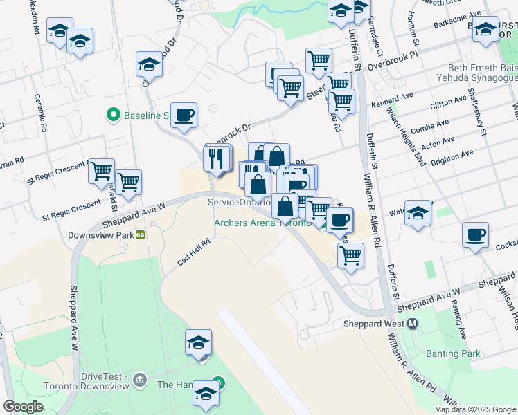 map of restaurants, bars, coffee shops, grocery stores, and more near 1170 Sheppard Avenue West in North York