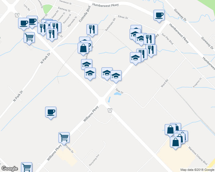 map of restaurants, bars, coffee shops, grocery stores, and more near 2 Automatic Road in Brampton