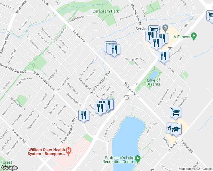 map of restaurants, bars, coffee shops, grocery stores, and more near 37 Elk Street in Brampton